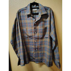 TownCraft / Penneys loop collar blue orange plaid button down shirt flannel blen